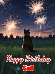 Happy Birthday Gail GIF: An animated gif at night showing the backside of a sitting cat who watches sparkle and fireworks over a meadow. Customize name and happy birthday.