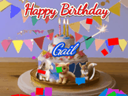 Happy Birthday Gail GIF: Happy Birthday Cake GIF with a cat, lamb, and squirrel on the cake with flickering candles, a sparkler, and falling confetti. Reads Happy Birthday Name and you can customize the name