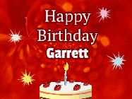 Happy Birthday Garrett GIF: A bright red happy birthday gif animated with a cake candle, and glitter and sparkles. Customize with name.