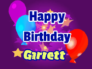 Happy Birthday Garrett GIF: A lovely purple birthday gif animated with moving text, a balloon, and bubbles. Customize it.