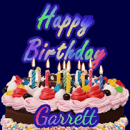 Happy Birthday Garrett GIF: A dark blue birthday gif with a beautiful cake with flickering candles, background sparkles and a name to customize.