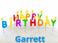 Happy Birthday Garrett GIF: Birthday Candles animated gif with star confetti and lettered birthday candles and a name to customize.