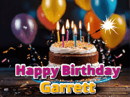 Happy Birthday Garrett GIF: A birthday cake with flickering candles gif with text reading Happy Birthday and a Name slot to customize