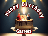 Happy Birthday Garrett GIF: Animated happy birthday gif with a cake and flickering candles with colorful falling confetti and text reading Happy Birthday