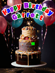 Happy Birthday Garrett GIF: Beautiful birthday cake animated gif, a celebration of balloons, confetti, and sparklers. Customize banner and name.