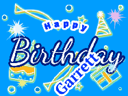 Happy Birthday Garrett GIF: A blue happy birthday gif with birthday drawings, sparkles, and a name you can customize.