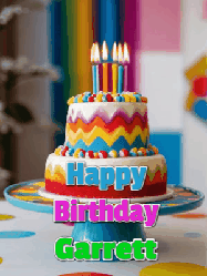 Happy Birthday Garrett GIF: A colourful birthday cake gif with flickering candles a confetti bursting out, reads Happy Birthday Name
