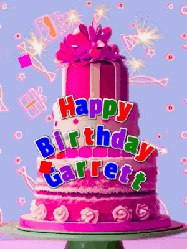 Happy Birthday Garrett GIF: A big beautiful birthday cake gif with falling confetti, sparklers, and balloons, reads Happy Birthday Name. Customize it.