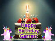 Happy Birthday Garrett GIF: An animated gif with 2 unicorns and a birthday candle on a cake.