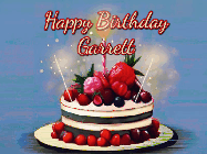 Happy Birthday Garrett GIF: Animated GIF of a birthday cake covered in berries with 2 sparklers and a candle, reads Happy Birthday Name. Customize it.