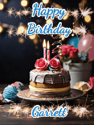 Happy Birthday Garrett GIF: Sparkles and glitter happy birthday gif with a cake and flickering candles and sparklers behind the words happy birthday customize