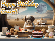 Happy Birthday Garrett GIF: Animated birthday gif with a dog at a fancy birthday table loaded with cakes as hearts appear. It reads Happy Birthday Customize.