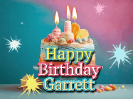 Happy Birthday Garrett GIF: A colorful animated Happy Birthday Cake GIF with swirling sparkles and flickering candles. It reads Happy Birthday Name