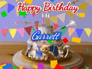 Happy Birthday Garrett GIF: Happy Birthday Cake GIF with a cat, lamb, and squirrel on the cake with flickering candles, a sparkler, and falling confetti. Reads Happy Birthday Name and you can customize the name