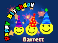 Happy Birthday Garrett GIF: 3 emojis wearing party hats are happy for a birthday name you can customize on this blue animated happy birthday gif.