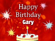 Happy Birthday Gary GIF: A bright red happy birthday gif animated with a cake candle, and glitter and sparkles. Customize with name.