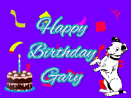 Happy Birthday Gary GIF: Silly happy birthday gif with a cute dog in a corner and rainbow animation confetti. Birthday cake in order with candle.