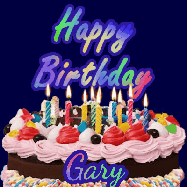 Happy Birthday Gary GIF: A dark blue birthday gif with a beautiful cake with flickering candles, background sparkles and a name to customize.