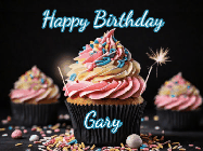 Happy Birthday Gary GIF: A delicious cupcake gif with animated sparkles reading Happy Birthday with a name to customize
