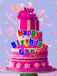 Happy Birthday Gary GIF: A big beautiful birthday cake gif with falling confetti, sparklers, and balloons, reads Happy Birthday Name. Customize it.