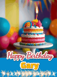 Happy Birthday Gary GIF: A birthday card gif with a cake and candle and a blue ribbon with animated sparklers. Reads Happy Birthday Name