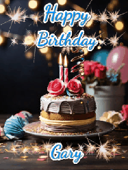 Happy Birthday Gary GIF: Sparkles and glitter happy birthday gif with a cake and flickering candles and sparklers behind the words happy birthday customize