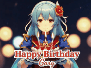 Happy Birthday Gary GIF: Anime girl holding a birthday cake and an animated sword falls into it. Text reads Happy Birthday Customize