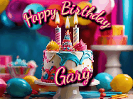 Happy Birthday Gary GIF: Animated birthday gif with a beautiful colorful birthday can and sparkles in the air. It reads Happy Birthday Customize.