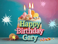 Happy Birthday Gary GIF: A colorful animated Happy Birthday Cake GIF with swirling sparkles and flickering candles. It reads Happy Birthday Name