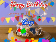 Happy Birthday Gary GIF: Happy Birthday Cake GIF with a cat, lamb, and squirrel on the cake with flickering candles, a sparkler, and falling confetti. Reads Happy Birthday Name and you can customize the name