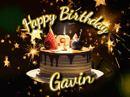 Happy Birthday Gavin GIF: Bursting stars fall past a birthday cake in this animated birthday gif with name you can customize. Dark background.