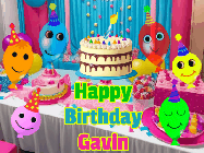 Happy Birthday Gavin GIF: A birthday animated gif with a party room in the background and cute balloons, cake, and name to customize.