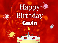 Happy Birthday Gavin GIF: A bright red happy birthday gif animated with a cake candle, and glitter and sparkles. Customize with name.