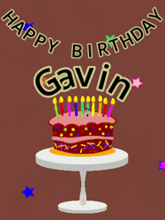 Happy Birthday Gavin GIF: Animated birthday gif of a chocolate cartoon cake and stars. Animated text can be customized with name.