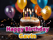 Happy Birthday Gavin GIF: A birthday cake with flickering candles gif with text reading Happy Birthday and a Name slot to customize