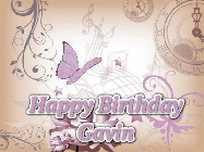Happy Birthday Gavin GIF: Classical birthday gif background with colorful musical notes floating past and a name you can customize, reads Happy Birthday.