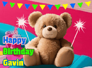 Happy Birthday Gavin GIF: A cute birthday teddy bear animated birthday gif with the bear holding sparklers and text to customize.