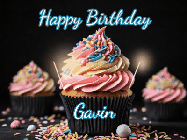 Happy Birthday Gavin GIF: A delicious cupcake gif with animated sparkles reading Happy Birthday with a name to customize