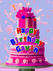 Happy Birthday Gavin GIF: A big beautiful birthday cake gif with falling confetti, sparklers, and balloons, reads Happy Birthday Name. Customize it.