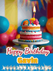 Happy Birthday Gavin GIF: A birthday card gif with a cake and candle and a blue ribbon with animated sparklers. Reads Happy Birthday Name