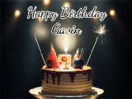 Happy Birthday Gavin GIF: Animated birthday cake gif with sparklers on a dark background. Personalize up to 3 lines of text.
