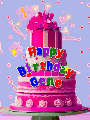 Happy Birthday Gene GIF: A big beautiful birthday cake gif with falling confetti, sparklers, and balloons, reads Happy Birthday Name. Customize it.