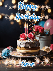Happy Birthday Gene GIF: Sparkles and glitter happy birthday gif with a cake and flickering candles and sparklers behind the words happy birthday customize