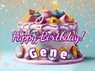 Happy Birthday Gene GIF: A beautiful birthday cake gif with animated sparkles and glitter Happy Birthday Name you can customize