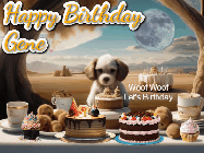 Happy Birthday Gene GIF: Animated birthday gif with a dog at a fancy birthday table loaded with cakes as hearts appear. It reads Happy Birthday Customize.