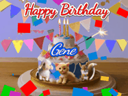 Happy Birthday Gene GIF: Happy Birthday Cake GIF with a cat, lamb, and squirrel on the cake with flickering candles, a sparkler, and falling confetti. Reads Happy Birthday Name and you can customize the name