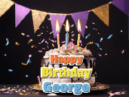 Happy Birthday George GIF: Happy birthday cake animated gif with flickering candles, animated text, and falling confetti. Customize text reading Happy Birthday Customize.