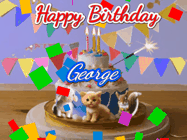Happy Birthday George GIF: Happy Birthday Cake GIF with a cat, lamb, and squirrel on the cake with flickering candles, a sparkler, and falling confetti. Reads Happy Birthday Name and you can customize the name