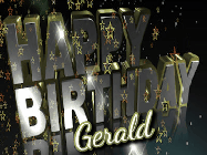 Happy Birthday Gerald GIF: Birthday celebration animated gif with a silvery gold design, falling star confetti, and a name you can customize.