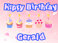 Happy Birthday Gerald GIF: Pink animated birthday gif with 5 cupcakes and candles and animated text you can customize with name.